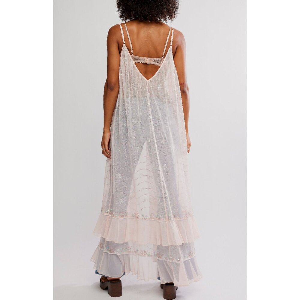 Free People Sheer Blush Pink Embroidered Long Chemise - Picture 2 of 6